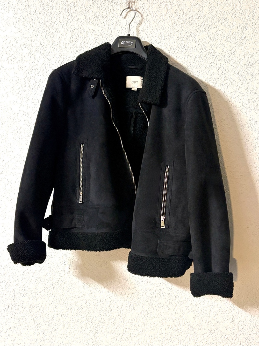 LOFT Black Faux Suede Shearling Aviator Moto Style Jacket with Zip Pockets XL